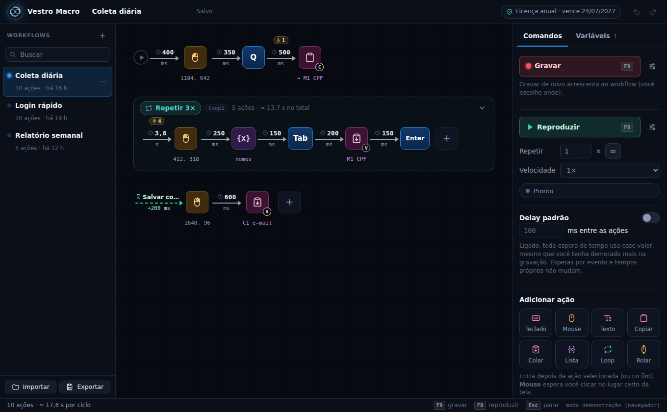 Editor do Vestro Macro: workflows salvos à esquerda, o fluxo de caixinhas e setas no centro e os comandos Gravar e Reproduzir à direita